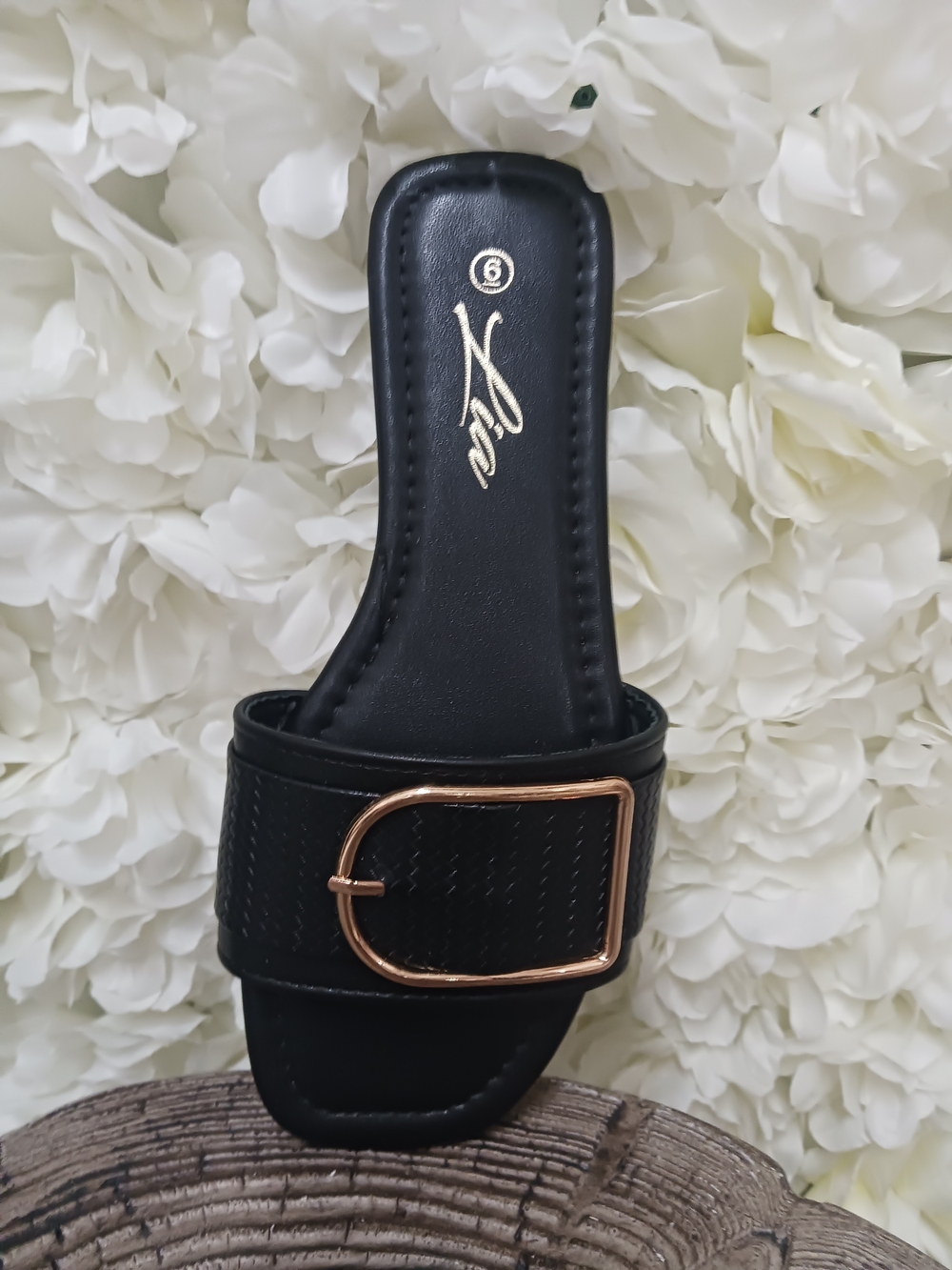Black Slide Sandals with Rose Gold Buckle